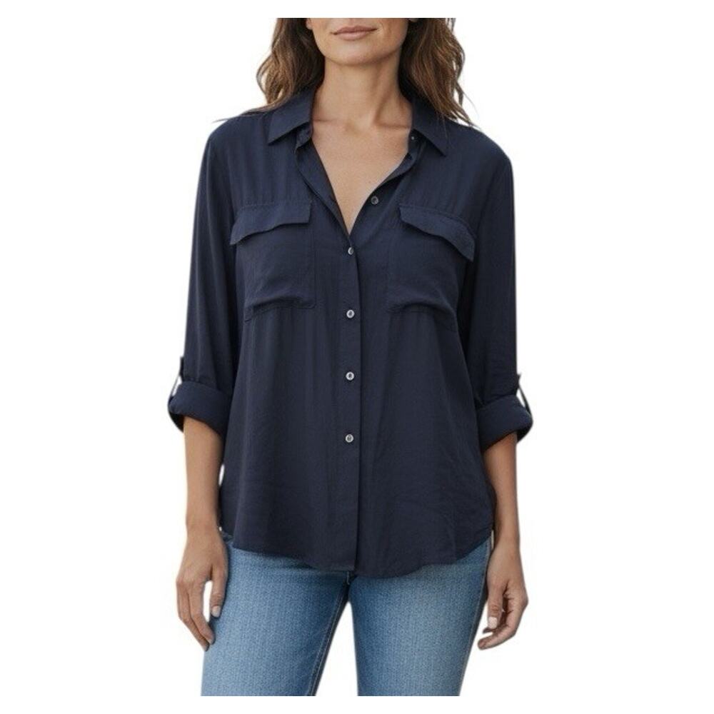 R Label The Reset Navy Blue Satin Button Up Blouse Chest Pockets Size Small